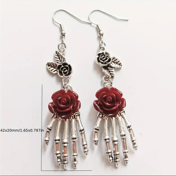 ‼️$7‼️ Gothic Rose Skeleton Hand Earrings 
Exaggerated Asymmetric Palm Pendant - Picture 3 of 7
